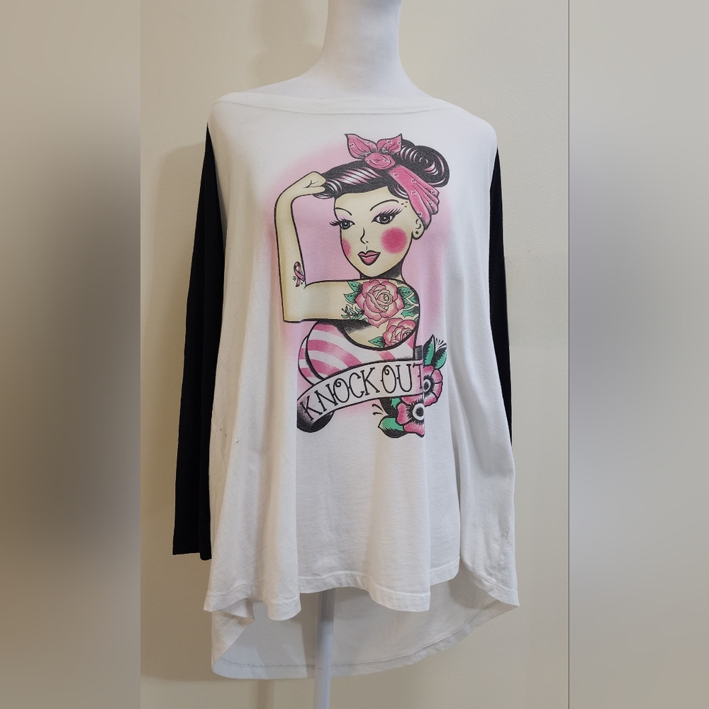 Graphic Tee Pin Up Baseball Ringer Tee Breast Cancer Knockout 100% Cotton